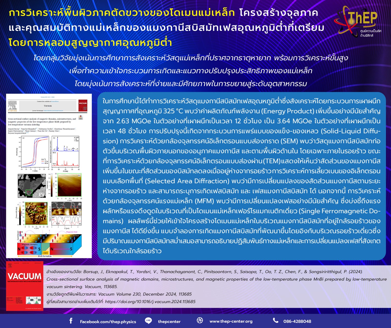 Read more about the article การวิเคราะห์พื้นผิวภาคตัดขวางของโดเมนแม่เหล็ก โครงสร้างจุลภาค และคุณสมบัติทางแม่เหล็กของแมงกานีสบิสมัทเฟสอุณหภูมิต่ำที่เตรียมโดยการหลอมสูญญากาศอุณหภูมิต่ำ