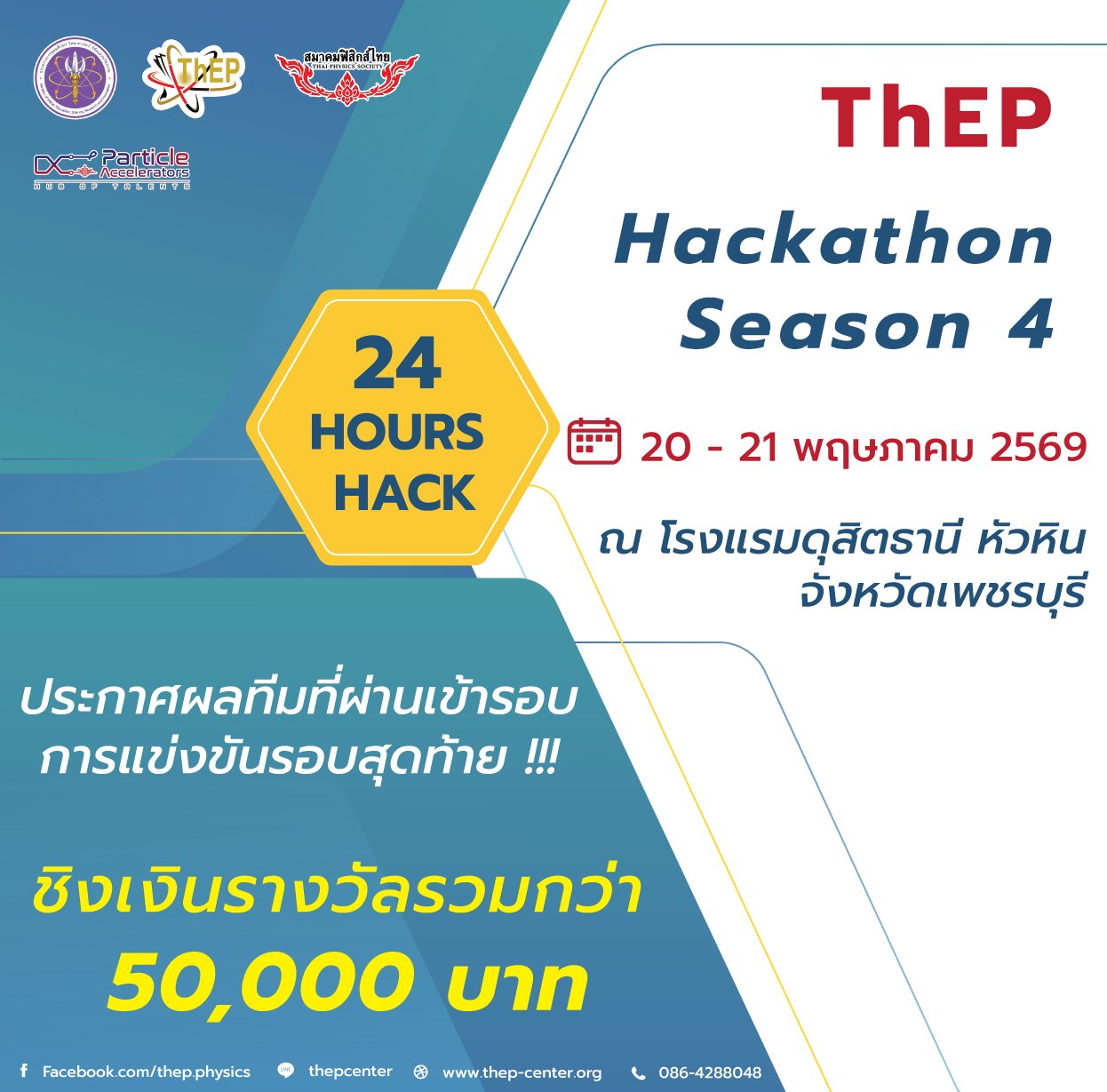 Read more about the article ประกาศผลทีมที่ผ่านเข้ารอบการแข่งขันรอบสุดท้าย โครงการแข่งขัน ThEP Hackathon Season 4